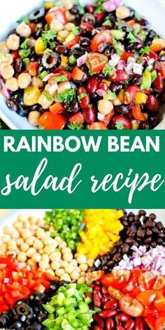 rainbow bean salad recipe in a white bowl with the title above it and an image of beans