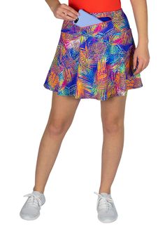 ABout this skirt #SwingStyle Palm fronds sway in the colors of shade--perfect for a summer afternoon or a trip to the islands! Deep-sea blue wicking undershorts carry two 6X6" pockets and a patented anti-ride guarantee! Store valuables in the 12" zippered waistband pocket that can be worn in the front or the back! Semi-circular skirt shape 4-way stretch fabric Wicking anti-microbial undershorts; 6 to 7.5” inseam (based on size) Undershorts carry a patented anti-ride guarantee for running and wal Casual Tiered Skirt With Built-in Shorts, Casual A-line Tennis Skirt For Summer, Relaxed Beach Skirt With Built-in Shorts, Casual Swim Skirt With Built-in Shorts, Casual Mini Skirt With Built-in Shorts, Summer A-line Bottoms With Elastic Waistband, Summer A-line Skort, Casual A-line Beach Skirt, Flared Skort With Pockets