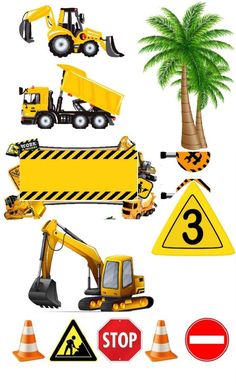 there are construction equipment and signs on this white background with palm tree in the foreground