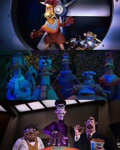 the animated characters are in front of a large clock and an image of another character