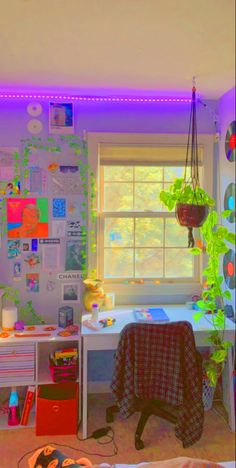 the room is decorated in bright colors and has plants growing on the windowsills