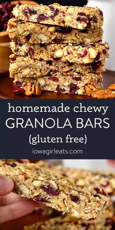 granola bars stacked on top of each other with text overlay that reads homemade chewy granola bars gluten free