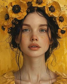 a woman with sunflowers in her hair