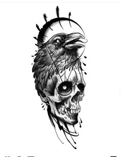 a black and white drawing of a skull with a crow on it's head