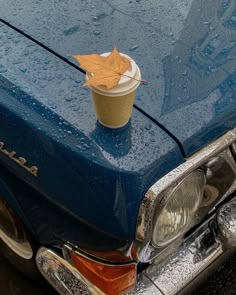 a cup of coffee sitting on the hood of a blue car