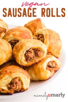 sausage rolls on a plate with the title vegan sausage rolls