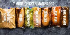 six bags of chicken marinade are lined up in a row