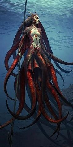 an illustration of a giant squid holding a spear in the water with its tentacles stretched out