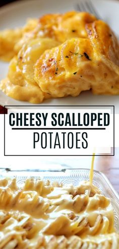 cheesy scalloped potatoes on a white plate with text overlay that reads, cheesy scalloped potatoes