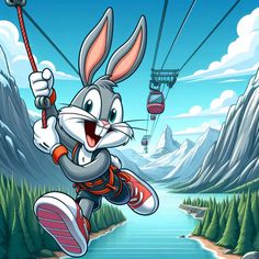 a cartoon rabbit flying through the air while holding onto a rope