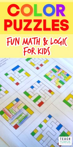 color puzzles for kids with text overlay that reads fun math and logics for kids