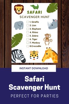 the safari scavenger hunt printable is shown on a wooden background with text