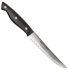 a knife that is sitting on top of a white surface with a black handle and blade