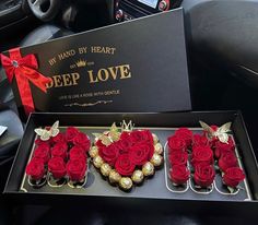 valentine's day gift set in the car with red roses and gold heart decorations