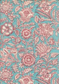 a blue and red floral pattern on fabric