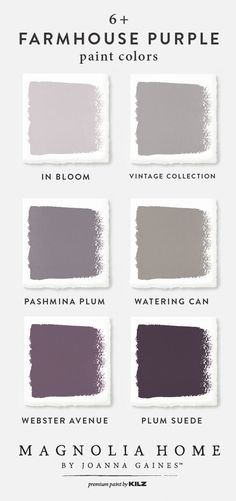 six different shades of gray paint with the words farmhouse house purple in each one corner