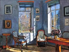 a painting of a blue room with two chairs and a table in front of the window