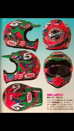 an advertisement for a motorcycle helmet with different colors and designs on the front, side, and back