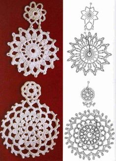 two crocheted doily designs on red and white paper