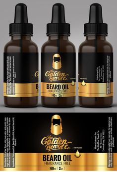 three bottles of beard oil with gold foil on the top and bottom, next to each other