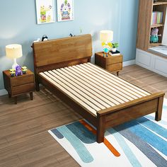 a bed room with a neatly made bed and two nightstands on either side of the bed