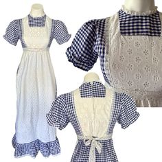 Beautiful True Authentic Vintage Empire Waist Peasant Dress. Size Not Readable Anymore, Best For S, Please Check Measurements. Blue & White Checkered Gingham Maxi Dress, Milkmaid, Peasant & Bavarian Alpine Vibes Short Elastic Puff Sleeves Blue And White Small Gingham Print Higher Round Neck With Floral Lace Trim Apron Style Eyelet Front & Back With Whimsical Lace Trim Empire Eyelet Waist With Eyelet Back Tie, Back Zipper, Unlined Polyester, Cotton; Made In Usa 18” Pit-Pit, 16” Waist, 23” Hips, 49” Length In Great Preloved Condition :: Ditzy Farmers Market Oktoberfest Alpine Dirndl Bloomcore Fairycore Whimsical Traditional Vtg Ooak Retro Boho Cottagecore Coastal Grandma Core G Cottagecore Coastal, Pioneer Dress, Grandma Core, Boho Cottagecore, Coastal Grandma, Apron Dress, Peasant Dress, Historical Dresses, Gingham Print