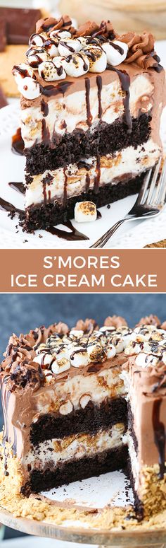 there is a cake with ice cream and chocolate toppings on the top, and in the bottom