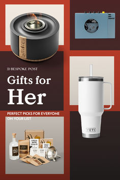 there are many gifts for her on the cover of this brochure, including a coffee mug and other items