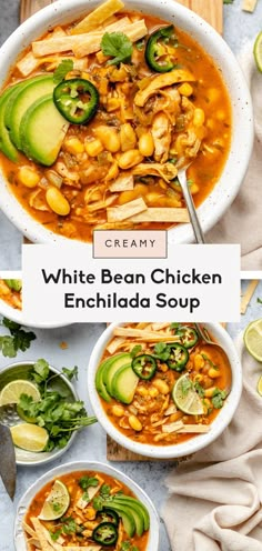 white bean chicken enchilada soup with avocado and cilantro