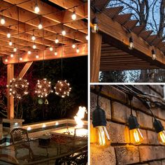 the lights are hanging from the pergolated roof above the table and in front of the fire pit