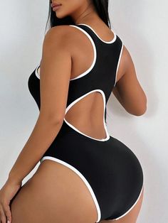 SHEIN Swim SPRTY Einteiliger Badeanzug Für Damen Mit Offenem Rücken Und Cut Out Besatz | aktuelle Trends, günstig kaufen | SHEIN Deutschland Swimsuit Mirror Selfie, Mirror Selfie Black, Swim Summer, Swimsuits Outfits, Two Piece Swimsuit, Swim Wear, Trim Detail, Corsets, White Collar