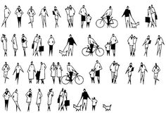 the silhouettes of people and bicycles are drawn in black on white paper, each with an individual's own image