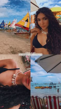 a woman laying on top of a beach next to an umbrella