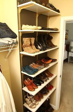 a closet filled with lots of shoes next to a wall mounted shoe rack that has the words turn shelves into organizers