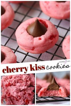 cherry kiss cookies on a cooling rack with chocolate in the middle and pink frosting inside