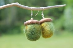 two wool balls hanging from a tree branch with earrings attached to it's ends