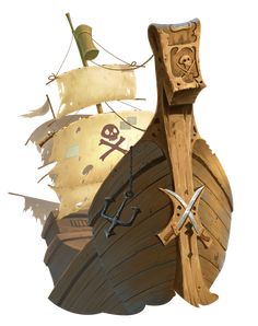 an animated pirate ship with two swords and a skull on it's side, floating in the air