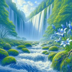 a painting of a waterfall with blue flowers in the foreground