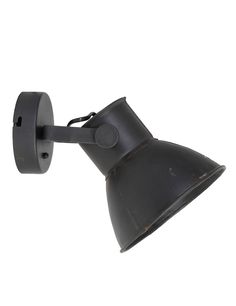 an industrial style wall light with black metal shade on the side and one arm down