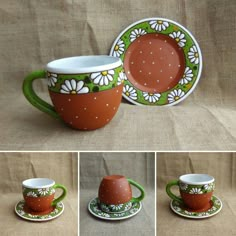 four different pictures of coffee cups and saucers with flowers painted on them, one is green and the other has white daisies