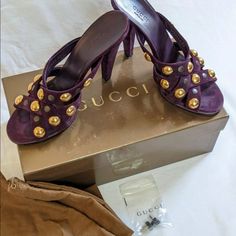 2008/09 Gucci Purple Suede Babouska Mules Size 38 Eu 7.5 Us Toe Marks In The Suede And A Few Knicks In One Heel. Comes With Box, Shoe Bags, And Extra Set Of Heel Caps. *See All Pics! Purple Summer Mules, Spring Purple Open Toe Mules, Purple Shoes Clogs & Mules, Purple Suede Heels With Pointed Toe, Luxury Purple Leather Heels, Shoe Bags, Purple Suede, Heel Caps, Heeled Mules