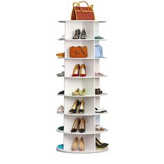 a white shelving unit with shoes and handbags on it's shelves, in front of a white background