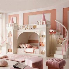 a child's bedroom with a white bunk bed and pink carpeted flooring