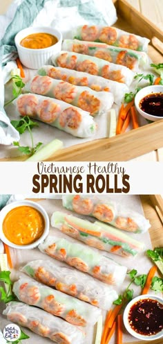 vegetable spring rolls with dipping sauce on the side and in a tray full of them