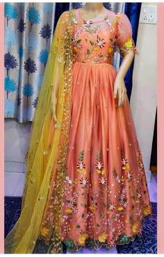 Organza Long Frocks, Dresses Reference, Embroidery Gown, Gown Embroidery, Organza Gown, Frock Designs, Function Dresses, Traditional Gowns