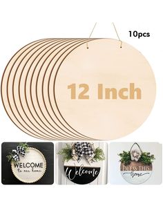 12 inch round wooden signs with welcome stickers and hangers for hanging on the wall