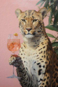 a painting of a cheetah holding a wine glass in it's paws