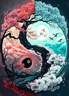 a painting of a tree with flowers and birds flying in the sky above it is a yin