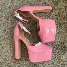 Adjustable Ankle Strap Pin-Buckle Fastening Square Toe Platform Sole High Block Heel. Small Demarcation On Back Of Left Heel And Small Yellow Mark On Inside Of Right Heel (Photographs Included). Fast Shipping!! Spring Patent Leather Round Toe Heels, Pink Patent Leather Heels With Round Toe, Pink Ankle-high Synthetic Heels, Spring Pink Patent Leather Heels, Pink Patent Leather Block Heels, 20th Bday, Padded Sandals, Knee Boots Flat, Chunky Platform Sandals