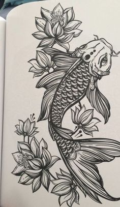 a drawing of a fish with flowers on it